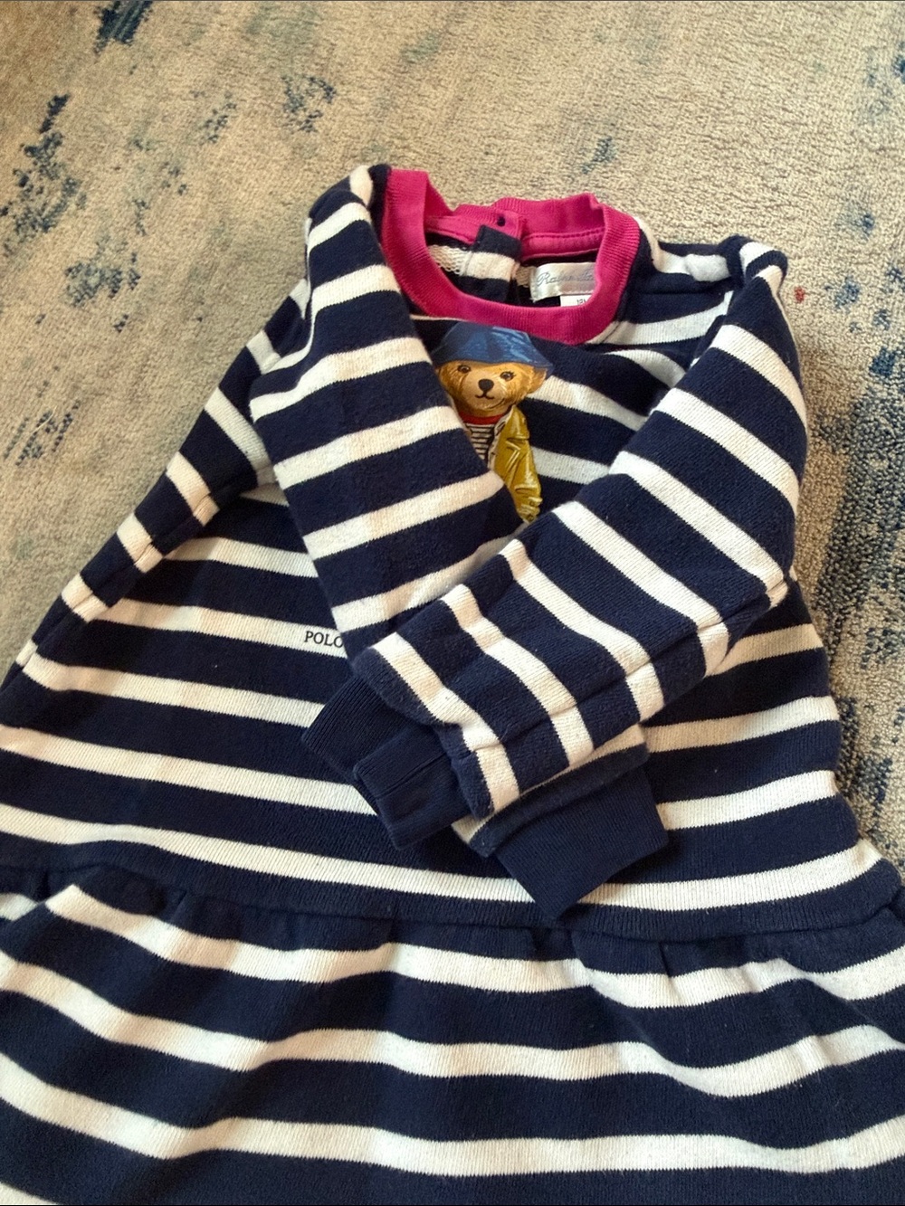 Polo by Ralph Lauren Navy & White Striped Bear Pullover Dress with Pink Trim - Picture 5 of 7